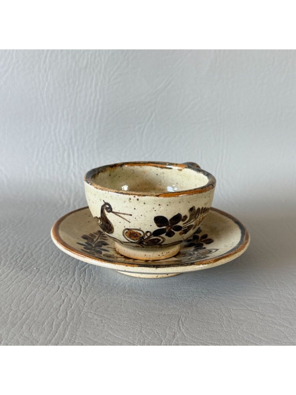 Vintage Tonala Mexico Studio Pottery Cup Saucer Set Signed S Lucas Bird 5.5" - Picture 16 of 16